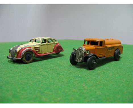 A Dinky 'Airflow', repainted and a Series 25 Dinky Petrol Lorry (Post War) - burnt orange. Playworn.