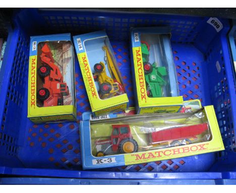 Four Original Matchbox King Size, K-3 Ferguson Tractor and Trailer/K-3 Hatra Tractor Shovel/K-14 Jumbo Crane/K-9 Combine Harv