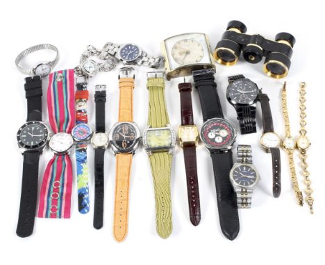 An assortment of sixteen ladies and gentlemans wristwatches. Various makers and styles including a pair of opera glasses and 
