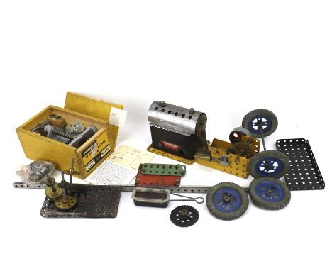 An assortment of Meccano. Including a Meccano steam engine and other wares