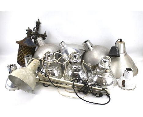 Assorted vintage lighting. Including a white angelpoise lamp, Philips light shades etc