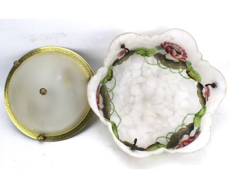 A painted glass lamp shade and a glass and brass ceiling light. The shade painted to the inside with lillies, 36cm diameter