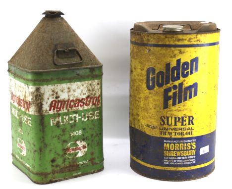Two vintage tractor oil cans. Comprising a Golden film super farm universal and Agricastrol multi use