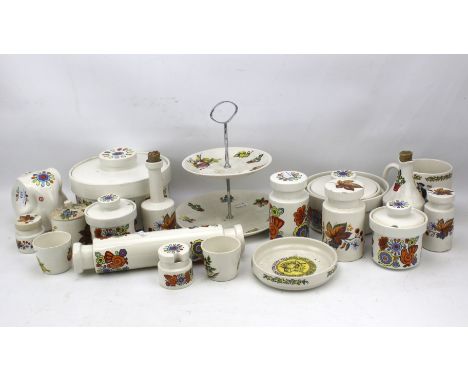 A collection of Lord Nelson pottery Gay time pattern wares. Including a two tier cake stand, rolling pin, lidded tureen etc