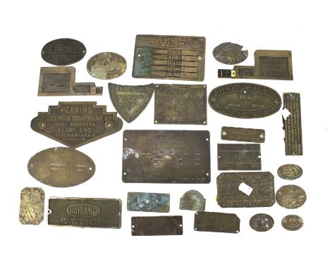 An assortment of metal plaques for engines and motors. Including H Widdop &amp; Co engine no 4329, speed 400, BHP 120, the fo