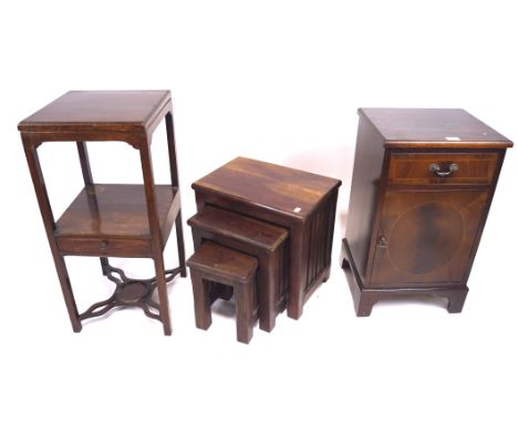 Three items of furniture. Including a reproduction mahogany veneer bedside cabinet, a mahogany wash stand and a nest of three