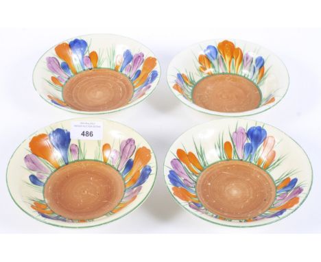 Four Clarice Cliff crocus pattern dessert bowls from the Bizzare range Condition Report: Scratches to the well and one bowl c