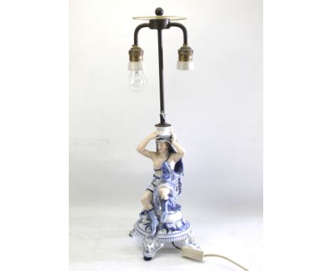 A Continental porcelain Meissen style table lamp. Late 19th/early 20th century, In the form of a semi-clad lady, H59cm 