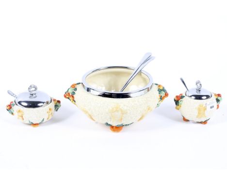 Three pieces of Clarice Cliff tableware from the Celtic Harvest range. To include a salad bowl, jam pot and sugar bowl