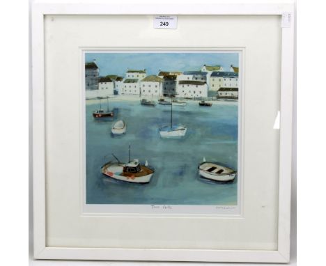 A contemporary print of boats in a harbour. Titled 'Two Gulls', framed and glazed, measuring 44cm x 44cm