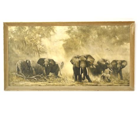 A large print of elephants between trees. Framed size 107cm x 56cm