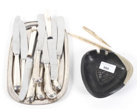 A group of collectables. Including a Spaulding &amp; Co hand wrought sterling tray, knives, rolled gold propelling pencil and