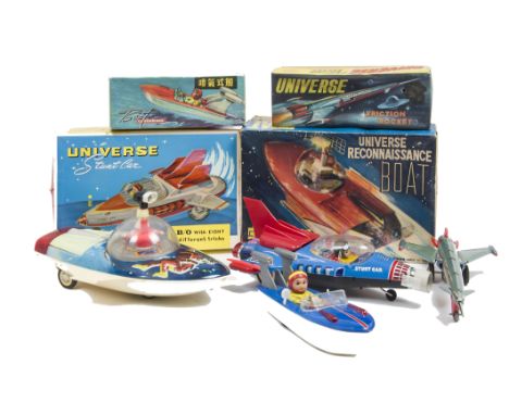 Chinese Tinplate Toys, Universe Stunt Car, blue tinplate Battery-operated model, lithographed pilot with vinyl head, ME090, U