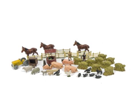 Britains and other makers Farm Animals Workers Tractor and Fencing, including Britains Corn Stooks (10), Well with bucket, Sh