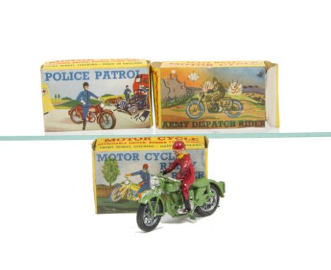 Benbros Qualitoy Police Despatch and Rally Motorcycles, Motor Cycle Rally Rider with green motorbike and red rider, Police Pa