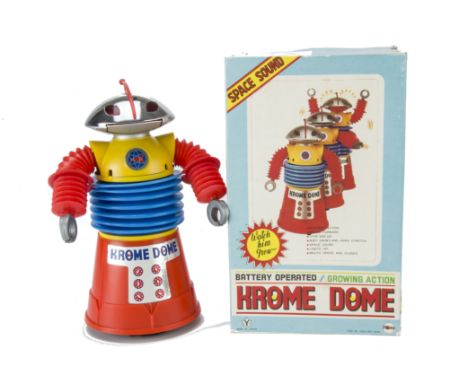 A Yonezawa For Mego (Japan) Battery-operated Krome Dome, yellow, blue and orange plastic robot, silver head and hands, in ori