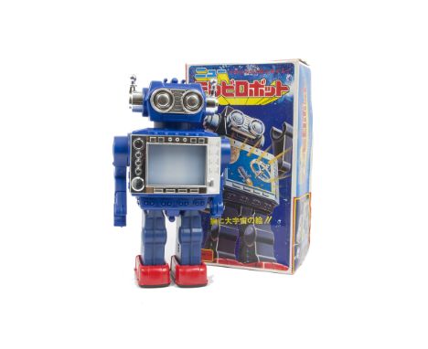 A Horikawa S.H (Japan) Battery-operated TV Spaceman, plastic and tinplate robot, dark blue plastic body, tinplate legs, chrom