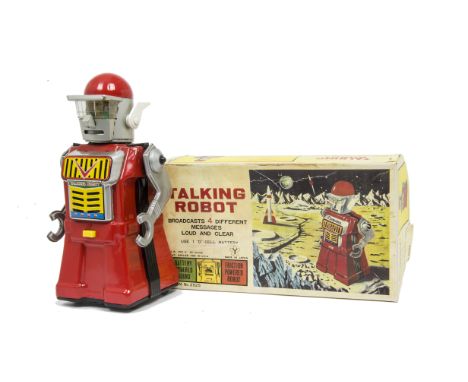 A Yonezawa (Japan) Battery-operated Talking Robot, red tinplate body, silver head and arms, clear plastic eyes, white plastic