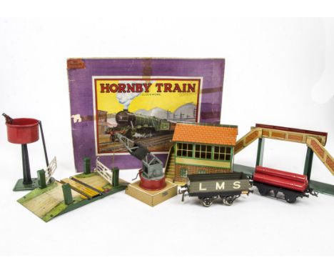 Hornby 0 Gauge pre-war M Series Passenger Set and Accessories, Set comprising red 0-4-0 Locomotive and Tender, two coaches an