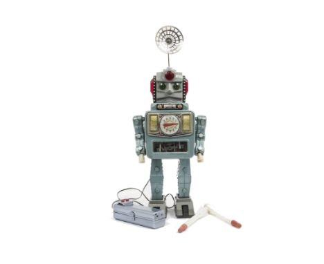 Alps (Japan) Remote-control Rocket Man In Space Armour, scarce robot in light blue metallic tinplate, grey plastic head and f