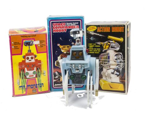 Hong Kong Plastic Battery-operated Robots, Playwell Space Commander Robot, Soma Action Robot, Play Value Mr. Monster (2), fir