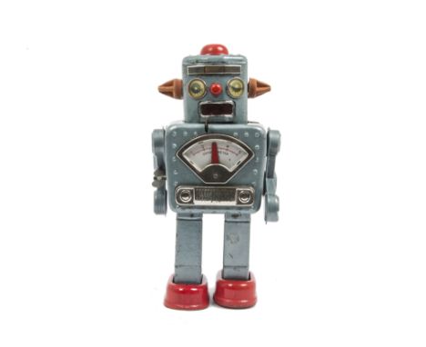 A Yonezawa (Japan) Clockwork Winky Robot, blue-grey tinplate robot, winking lenticular eyes, off-centre on/off switch, oxygen