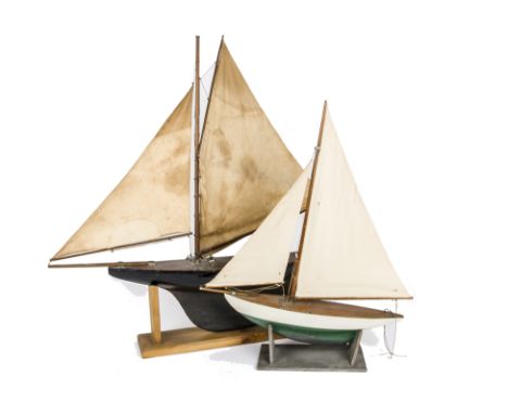 A Pair of Vintage Pond Yachts,  comprising 'Acceptance', a wooden twin cloth sail yacht with weighted keel and varnished deck