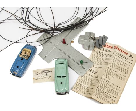 Schuco Varianto Clockwork Vehicle Set, Comprising 3045 blue Cabriolet and 3041 light green Limo, wire crossover track, points