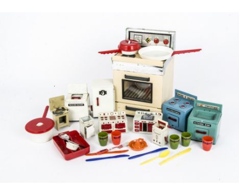Wells-Brimtoy Kitchen Toys and other items, Wells-Brimtoy Kitchen Range with utensils, sink unit, Fridge with drawer and milk