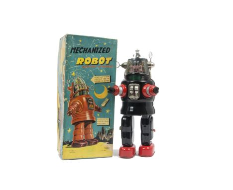 A Scarce Nomura T.N (Japan) Battery-operated Mechanized Robby Robot, large black tinplate Robby Robot, red arms and feet, cle