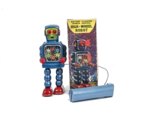A Yoshiya K.O (Japan) Remote-control High-Wheel Robot, metallic blue tinplate body, red feet and plastic hands, green face, c