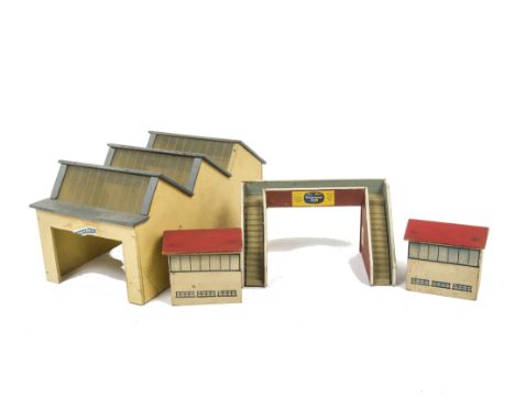 Hornby-Dublo OO Gauge pre-war Signal Boxes and other buildings, two red roof Signal Boxes, and a well made (probably pre-war)