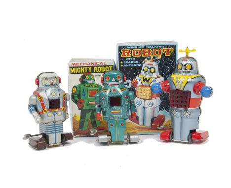 A Noguchi (Japan) Wind-Up Mechanical Mighty Robot, in original box, Noguchi Wind Up Walking 'W' Robot with spinner, in reprod
