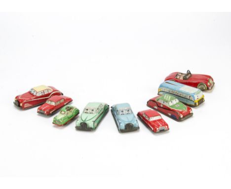 GTP and other Tinplate Toy Cars and Bus, GTP RAF and Army Staff Cars, Monte Carlo Rally Car and saloon, two smaller saloons a