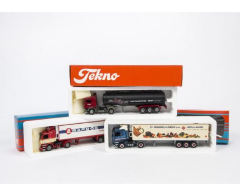 Tekno 1:50 Scale Haulage Vehicles, A trio of models in Tekno boxes comprising a Volvo and Scania articulated lorries in VD Le