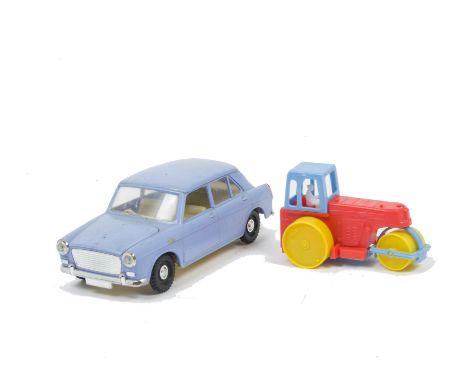 OK Toys Hong Kong Large-scale Battery-operated Morris 11OO   and Jimson Road-roller, in light blue, G-VG, lacks chrome strip 