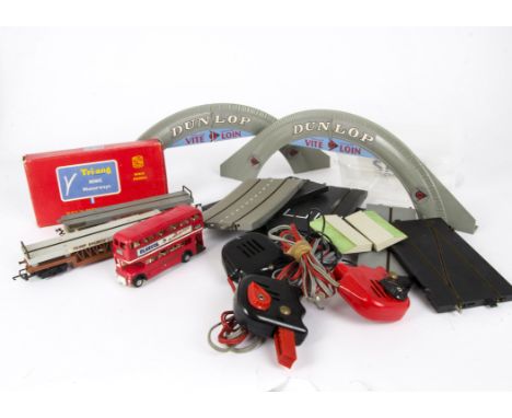 Tri-ang Minic Motorway Vehicles Accessories and Track, red Double Deck Bus, white Mercedes, Boat and Trailer, two road/rail w