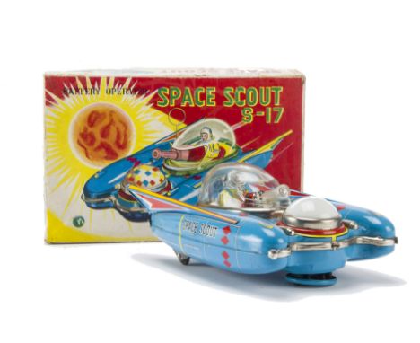 A Yanoman (Japan) Battery-operated Space Scout S-17, light blue lithographed tinplate body, yellow astronaut under clear plas