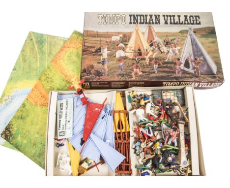 Timpo Indian Village Set, comprising two card bases, various Wigwams (with instructions), Fencing and Cowboys and Indians, so