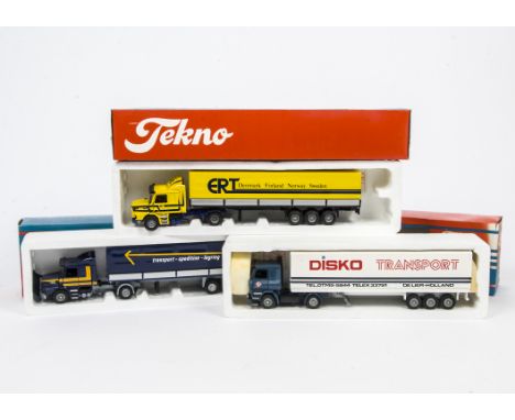 Tekno 1:50 Scale Haulage Vehicles, A trio of models in Tekno boxes ( two with hand written annotation) comprising Scania arti