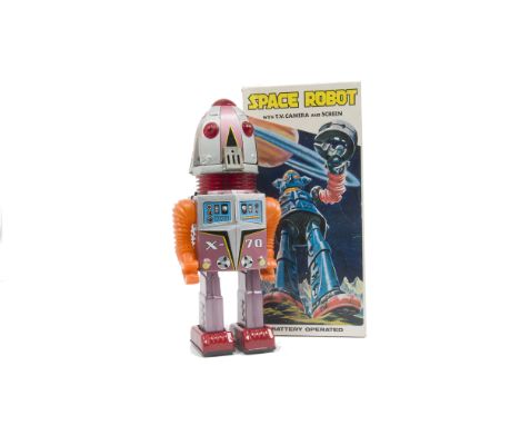A Scarce Nomura T.N (Japan) Battery-operated Space Robot X-70 Tulip Head, metallic pink and silver tinplate body, red feet, o