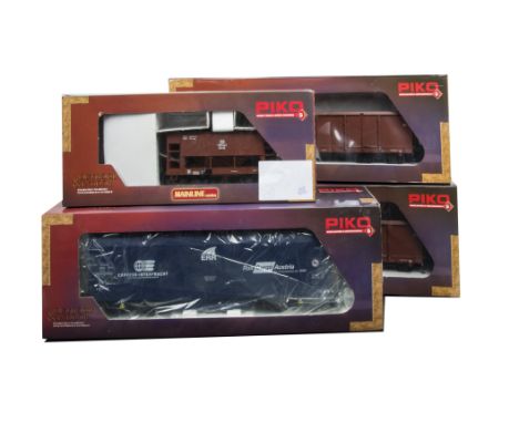 Four Piko G Scale DB Freight Stock, including two ref 37730, bogie ore wagons in DB brown, with 37701 covered van in ERR blue