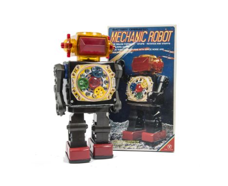 A Yonezawa (Japan) Battery-operated Mechanic Robot, black/grey tinplate and plastic robot, orange and red plastic head, clear
