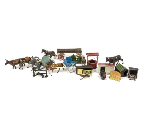 Britains and other makers Farm Carts Huts and other items, Horse and Cart, Horse and Roller, Horse and Log cart, cart, Well, 