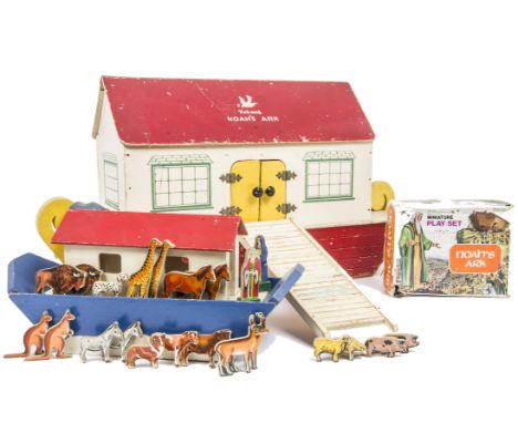 Tri-ang and Chad Valley wooden Noah's Ark and another plastic Ark, large Tri-ang wooden Ark with part ramp and one animal, F-