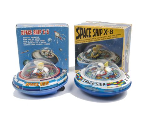 Masudaya Modern Toys (Japan) Battery-Operated Space Ship X-5, metallic blue lithographed tinplate flying saucer, light blue p