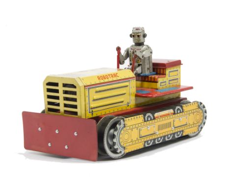 A Linemar (Japan) Battery-operated Robotrac Bulldozer, yellow/red tinplate Bulldozer, red blade, rubber tracks, removable Rob