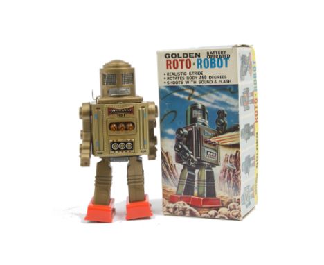 A Horikawa S.H (Japan) Battery-operated Golden Roto-Robot, gold tinplate body, plastic head, legs and arms, orange feet, in o