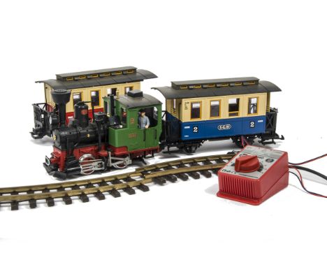 LGB G Scale Train Set, Comprising 0-4-0 No 2 Tank engine, red and cream and blue and cream 4-wheel coaches, track and transfo