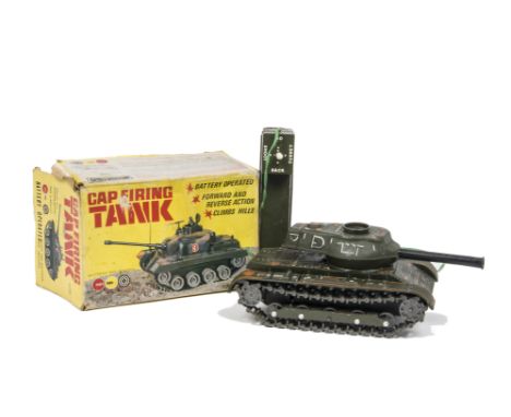 TM Modern Toys 1960s Tinplate Battery-operated Tank and Marx plastic Tank, TM M-40 Tank with battery box, tested at time of c